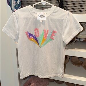 Belle Cher White Short Sleeve Tee with Pastel Sequin LOVE Graphic
